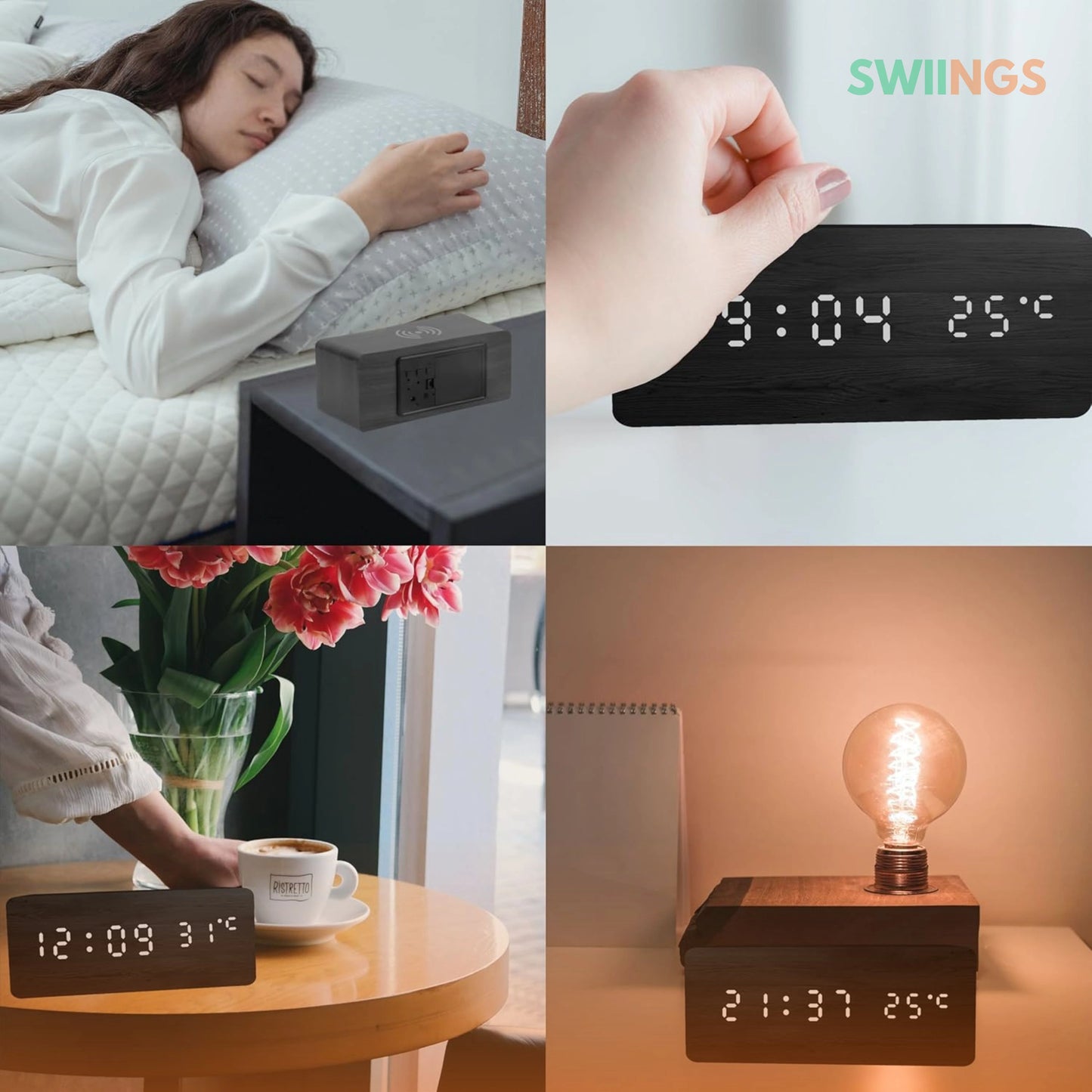 Wooden Alarm Clock with Wireless Charging Pad