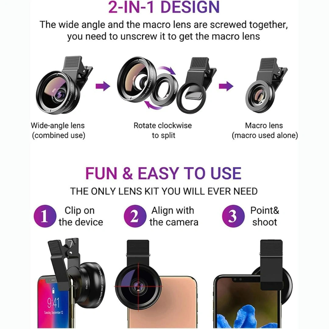 0.45X Wide Angle Lens 140°+ 12.5X Macro Lens for Mobile
