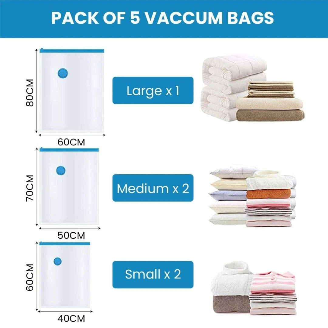 Vacuum Storage Bags with Hand Pump(Pack of 5 Bags)