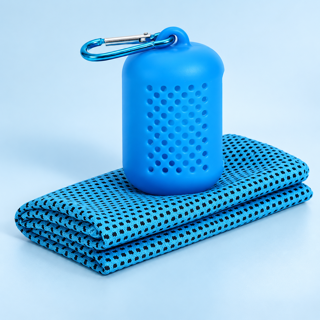 Blue cooling towel set with carabiner