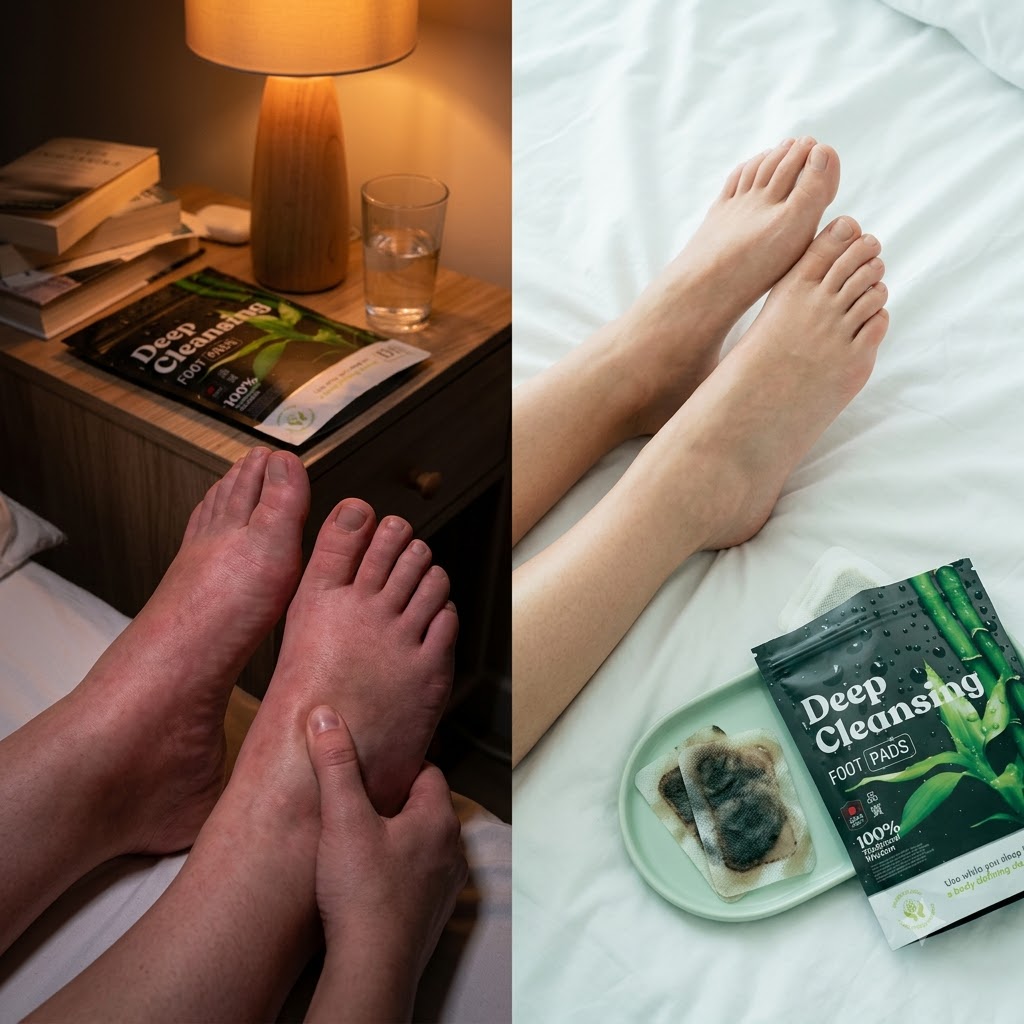 Split scene showing swollen tired feet at night versus light refreshed feet in the morning