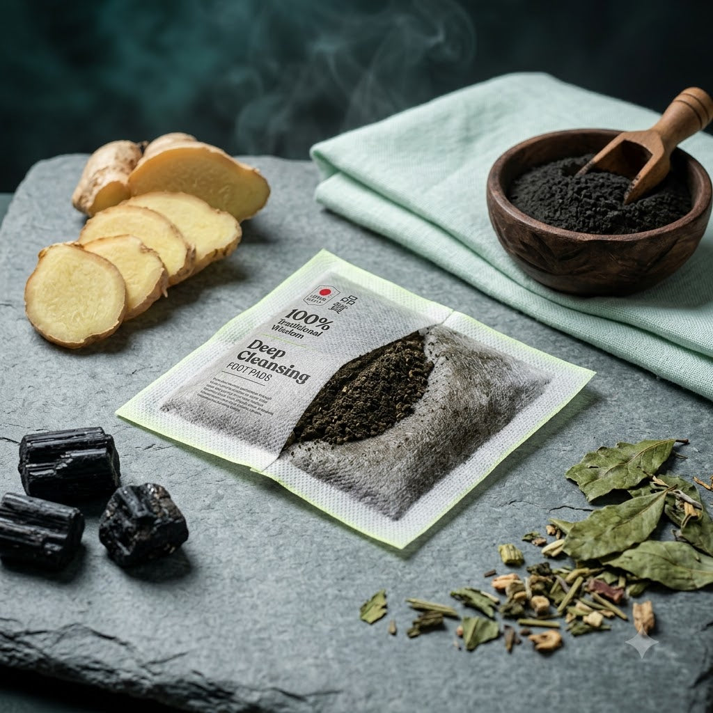 Kiyome detox patch surrounded by ginger, bamboo vinegar and tourmaline ingredients
