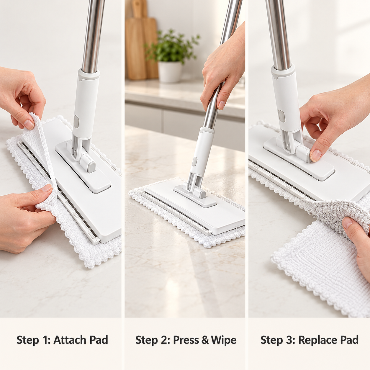 Flat mop in three easy steps