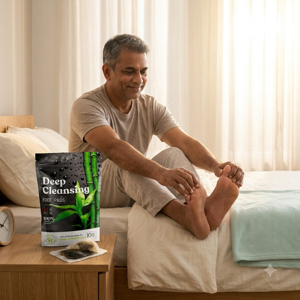 Man stretching his feet comfortably on the bed in the morning after using Kiyome patches