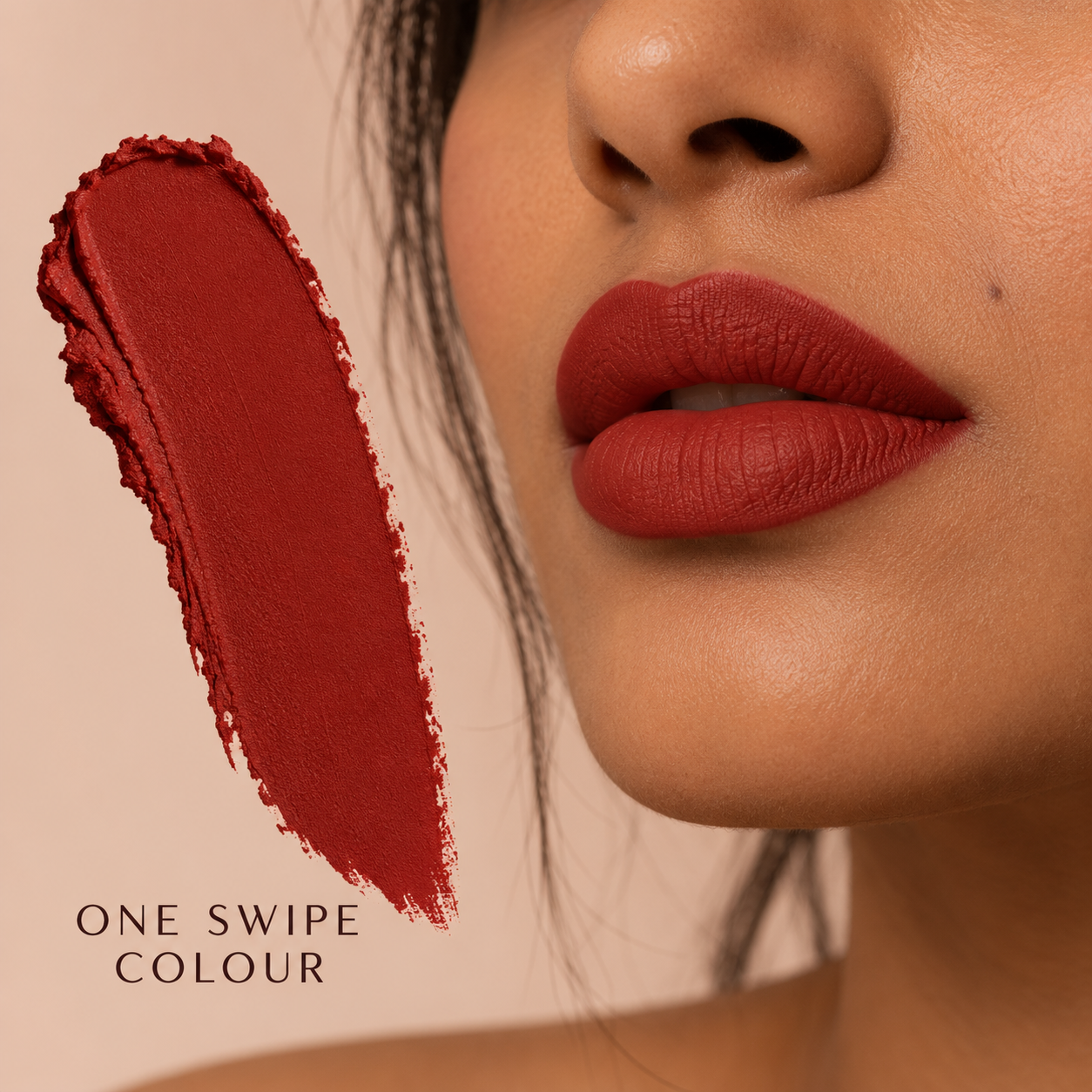One-swipe brick-red matte lip
