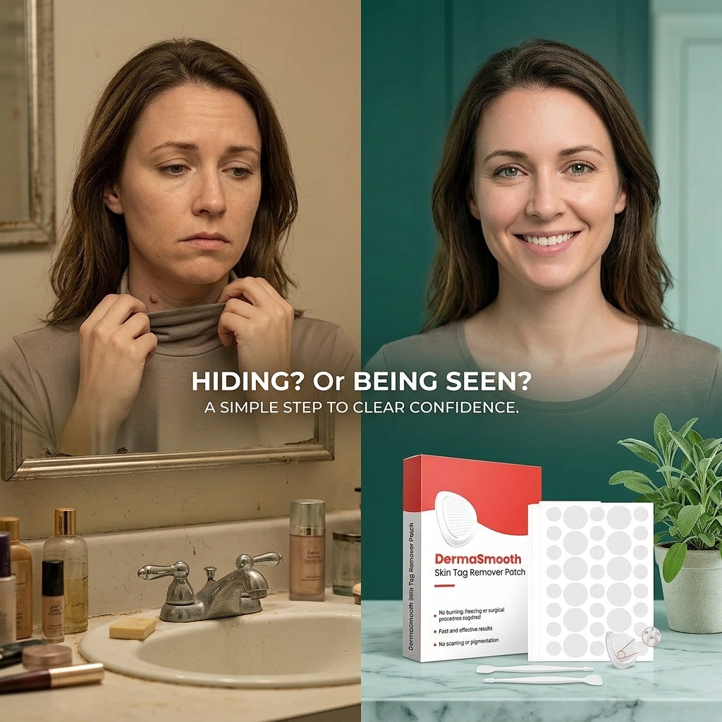 Before and after style transformation showing reduced appearance of a skin tag