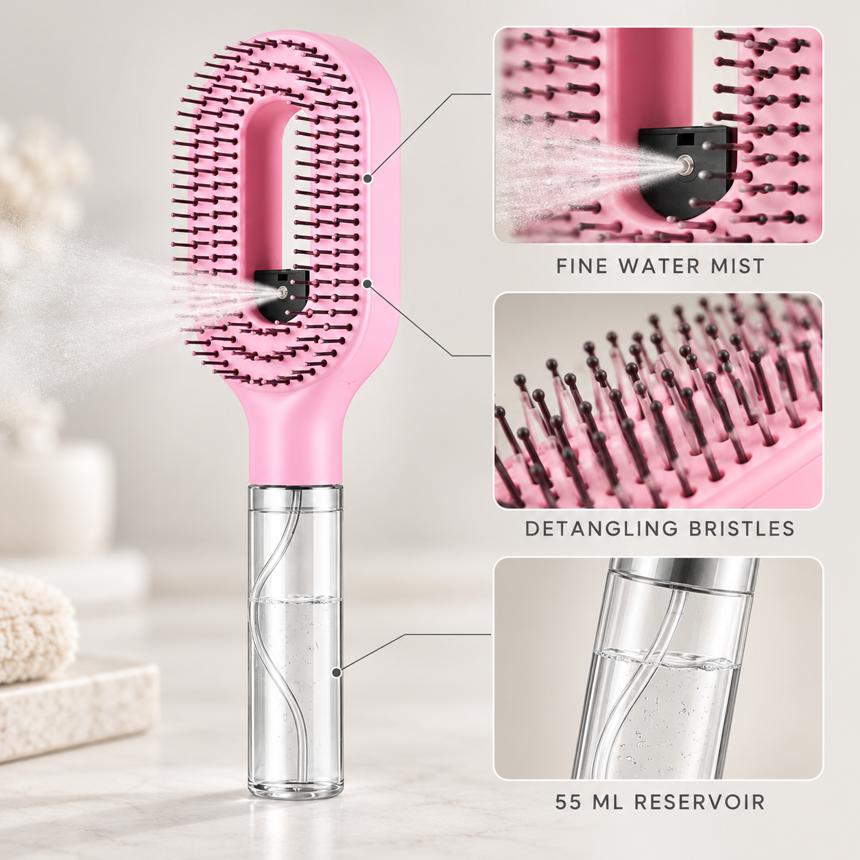 Pink misting brush with clear reservoir