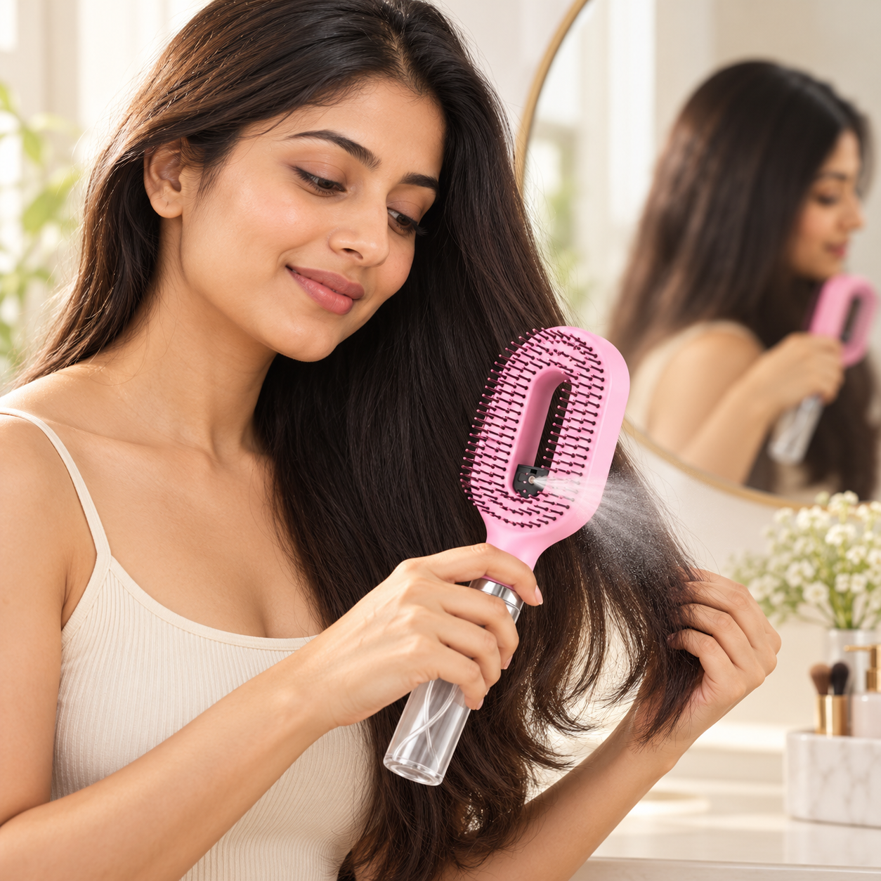 Pink water-mist hair brush