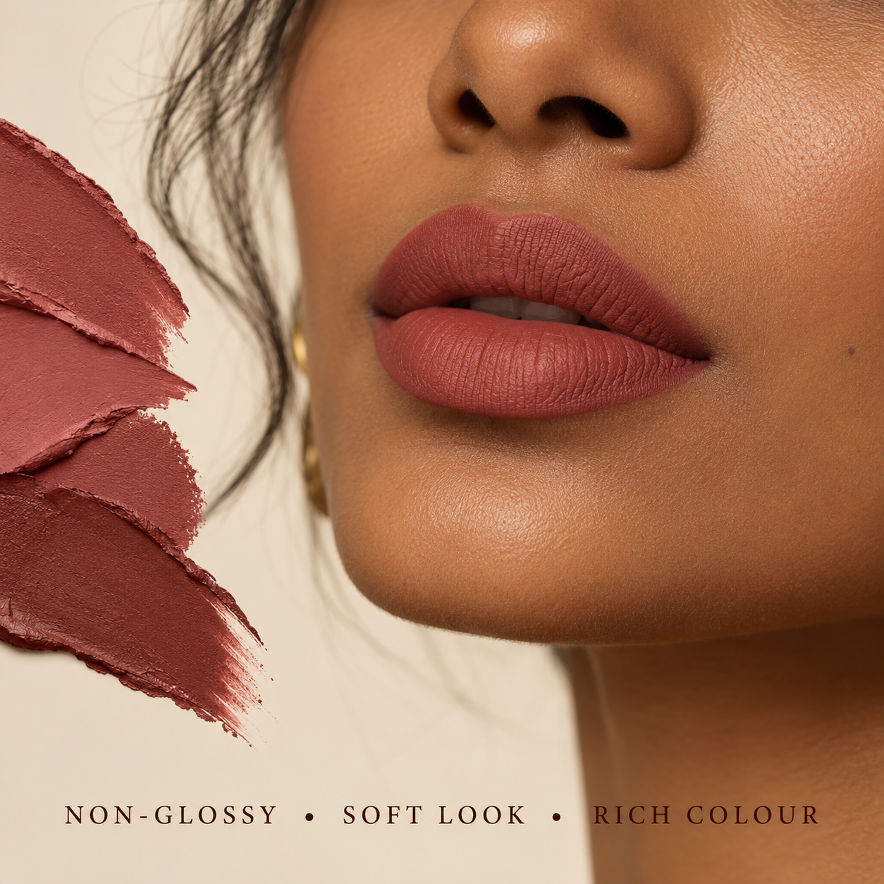 Rose-brown matte lipstick portrait