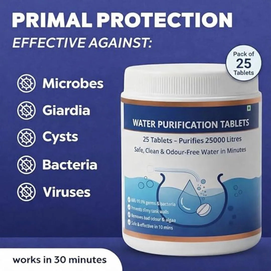 Water purification tablets close-up showing compact tablet size and packaging