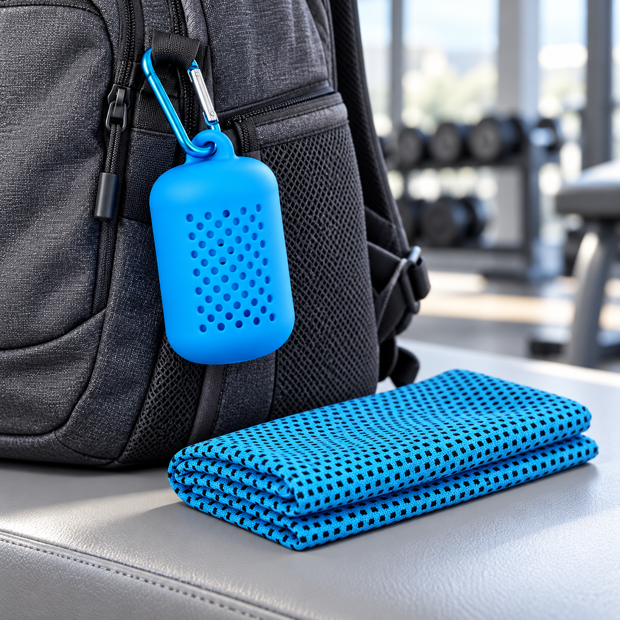 Ventilated towel case clipped to a backpack