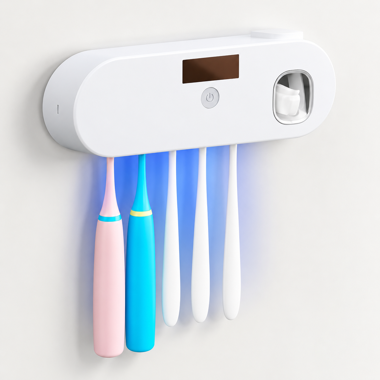 Wall-mounted UV toothbrush sanitizer with dispenser