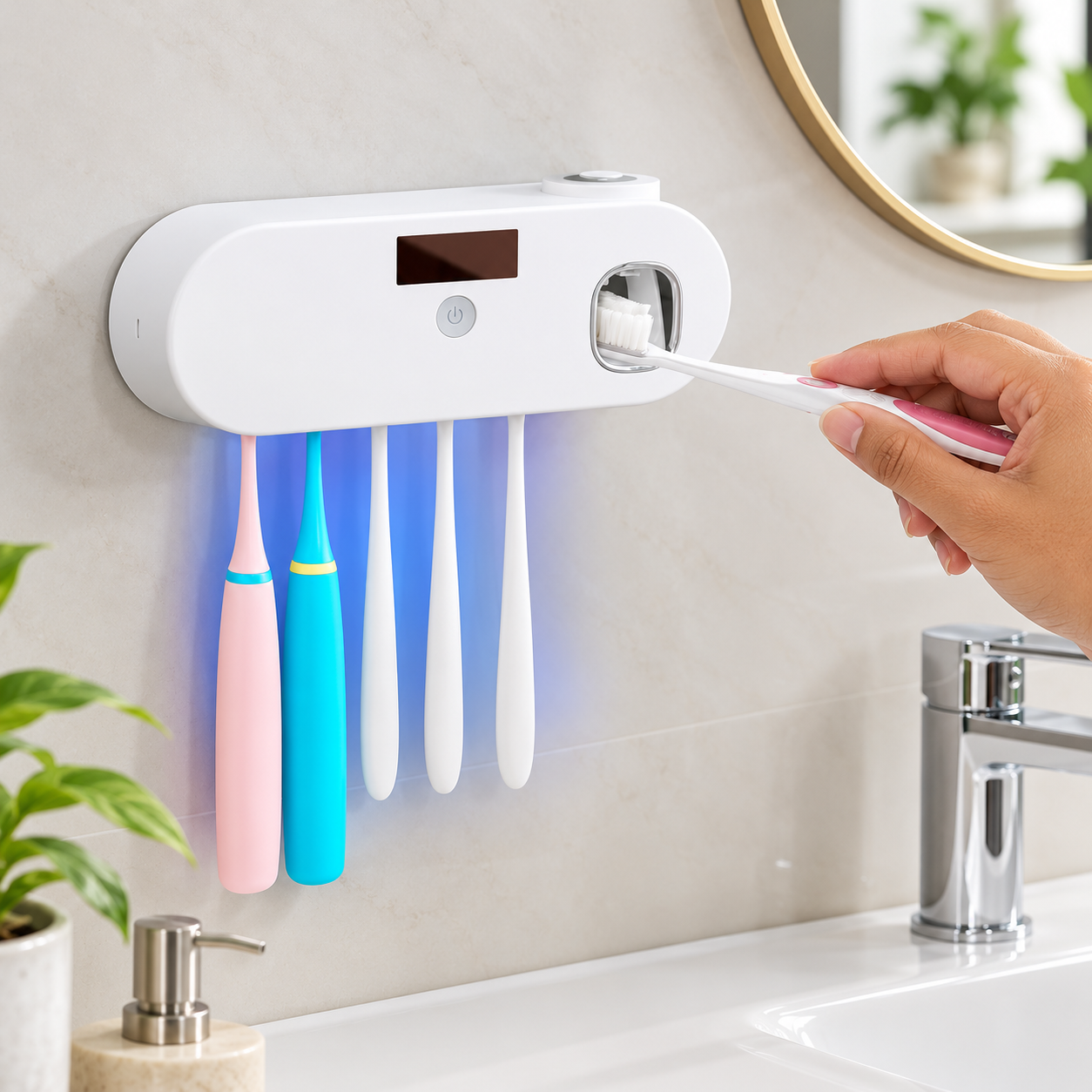 UV toothbrush sanitizer in use