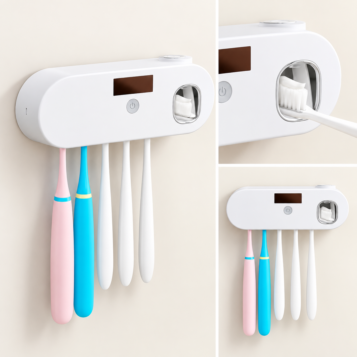 Wall-mounted toothbrush sanitizer with toothpaste dispenser