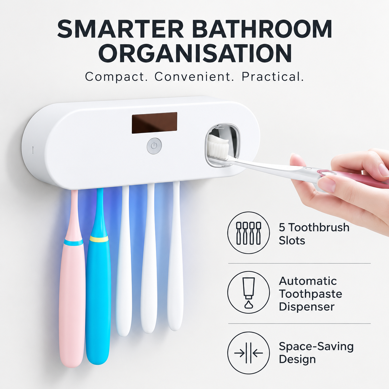 White wall-mounted toothbrush sanitizer with dispenser