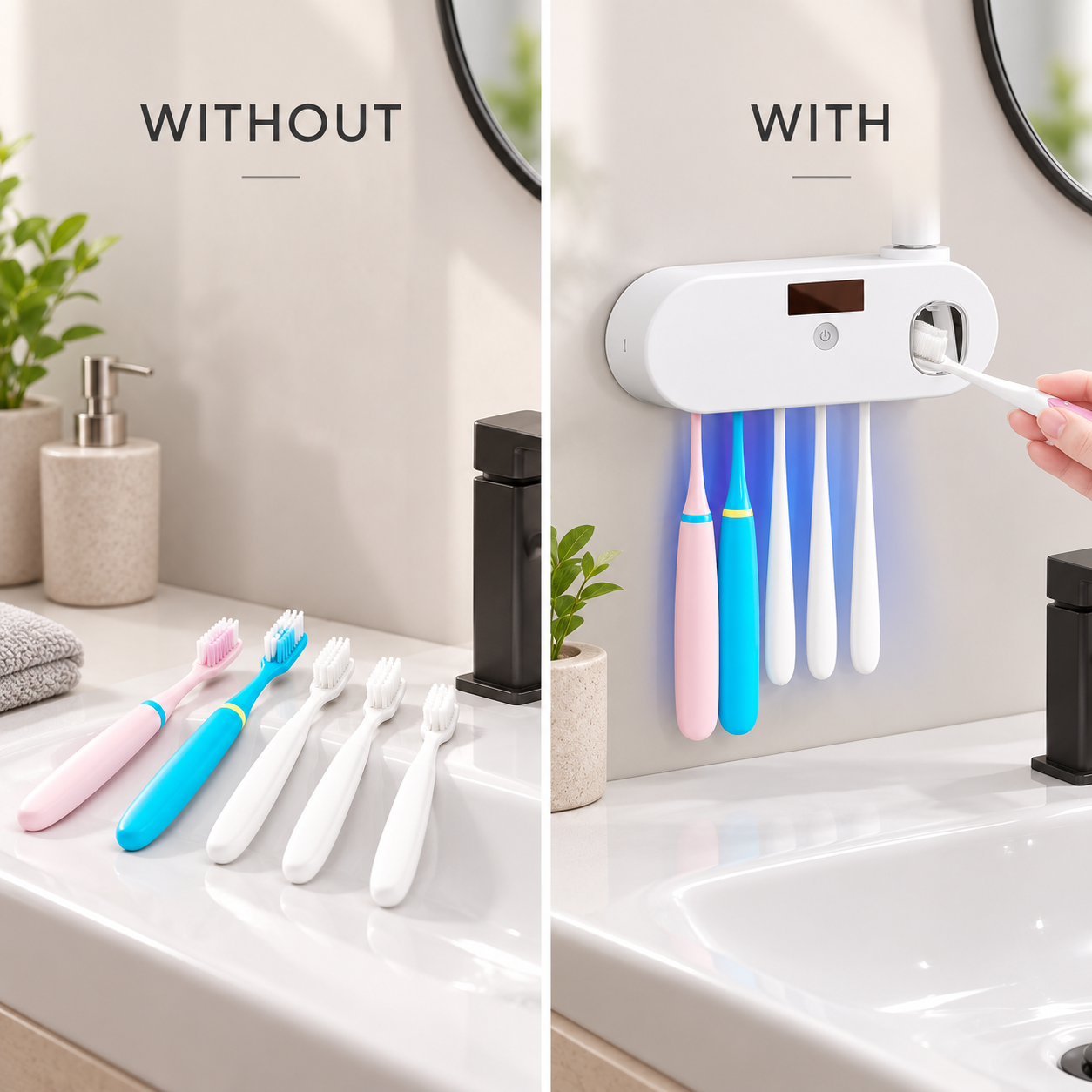 Without and with — neat toothbrush storage