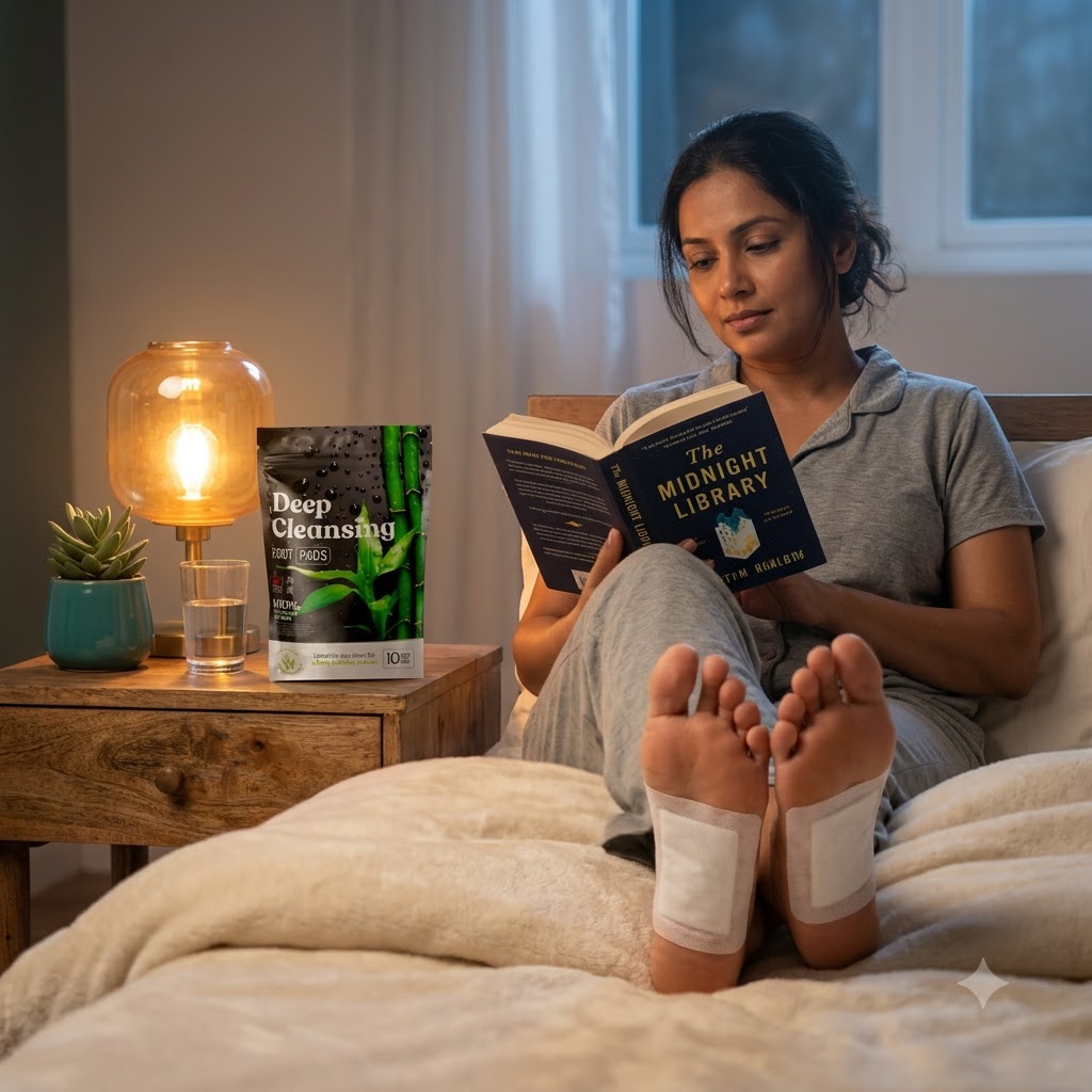 Woman relaxing in bed at night with Kiyome patches applied to her feet