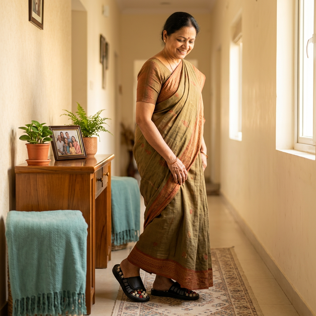 Older woman comfortably slipping on the acupressure therapy slippers at home