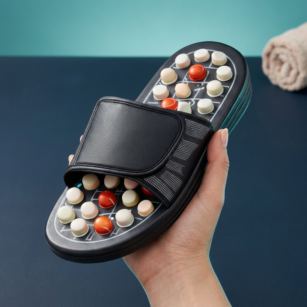 Close-up of the reflexology massage nodes on the acupressure slipper footbed
