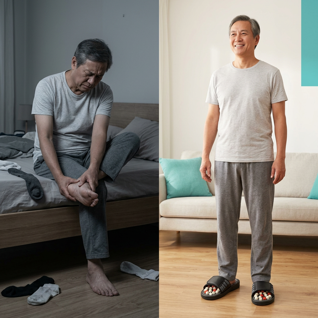 Before and after: tired feet versus relaxed feet in the acupressure slippers